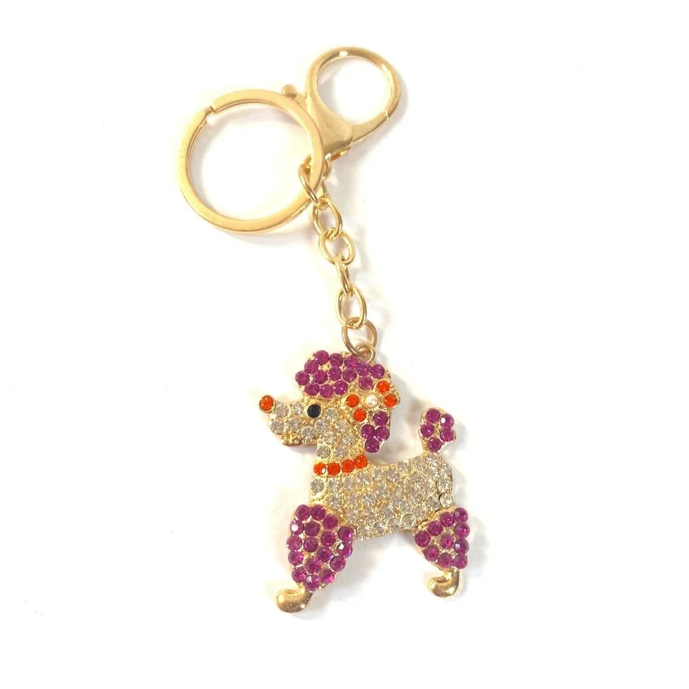 Poodle Rhinestone Charm Keychain Key Holder Purple Multi Gold Tone Metal New